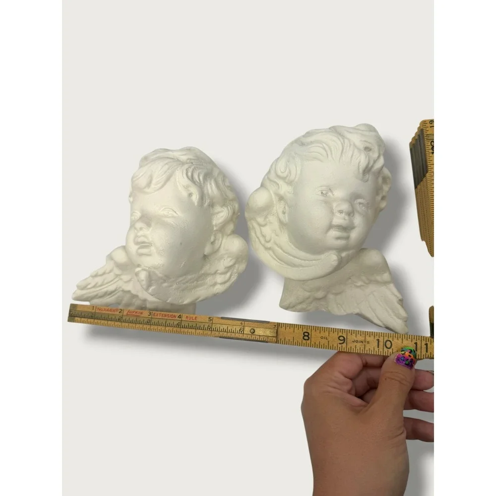 Vintage Chalkware Cherub Wall Plaques Pair Ivory Putti Angel Heads French Decor